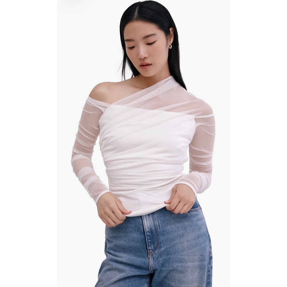 Marcella Monroe White One Shoulder Ruched Mesh Top Size M NWT - Picture 4 of 16